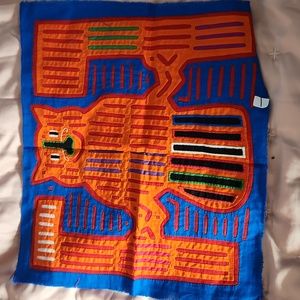 Reverse applique mola Ethnic fabric blue cat